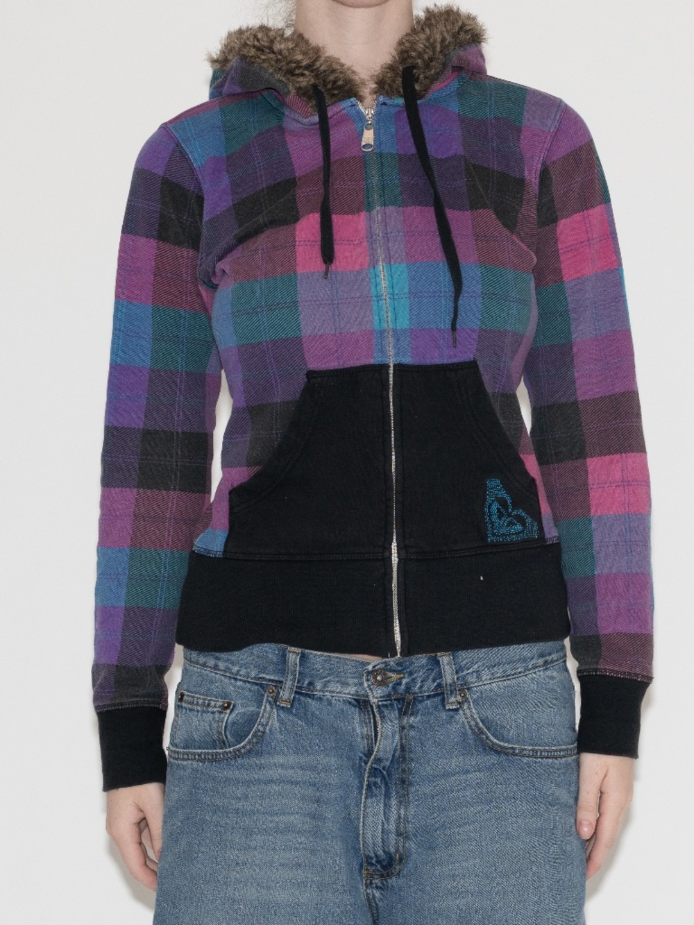 Y2k Roxy hoodie sweatshirt zip up size large faux fur hood plaid